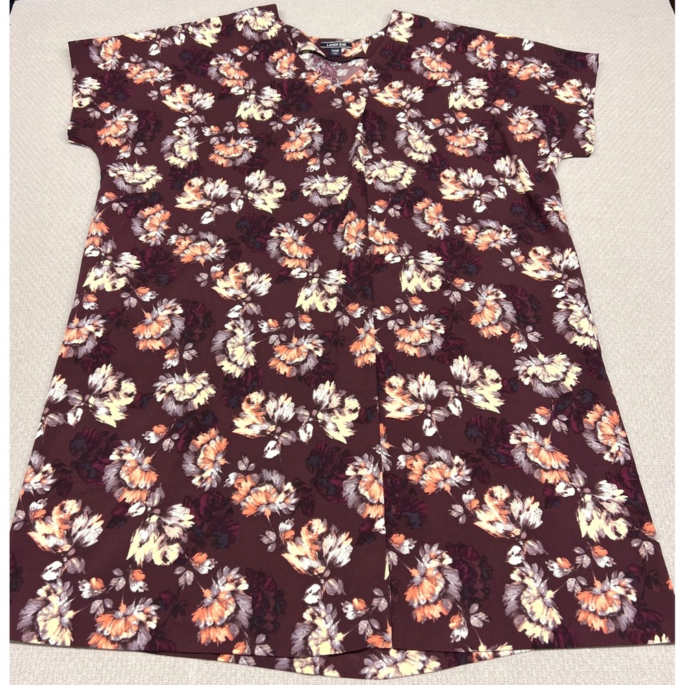 Lands End Womens 20W Floral V-Neck Short Sleeve Blouse Burgundy Multi Color Top